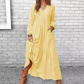 Праздничный сарафан, плиссированное платье длиной до щиколотки, легкое популярное весенне-осеннее свободное платье с пышными рукавами и длинными рукавами, уличная одежда M светло-желтого