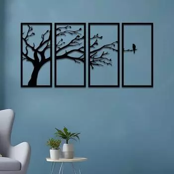 Pre-Laminated Pine Wood Bird On a Tree in Wall Art | Laser Cut Precision | For Home Dcor | For Gifting (Set of 4)