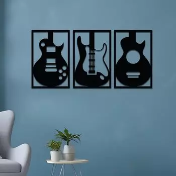 Pre-Laminated Pine Wood Guitar Wall Art | Laser Cut Precision | For Home Dcor | For Gifting (Set of 3)