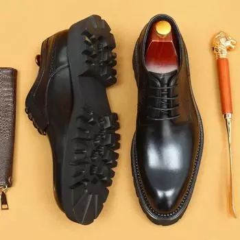 [Предпродажа, нет в наличии] Черные деловые кожаные туфли, мужские кожаные остроносые туфли на толстой подошве, увеличивающие рост, британские повседневные туфли дерби 37 коричневый