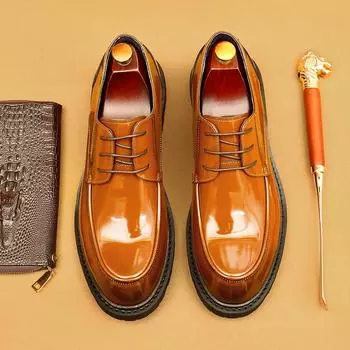 [Предпродажа Non-Spot] Британские повседневные кожаные туфли, мужские деловые туфли-дерби из кожи с большой головкой, лакированные глянцевые туфли 37 коричневый