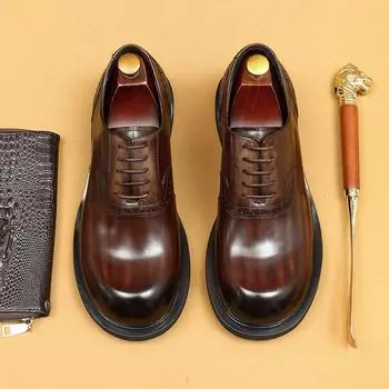 [Предпродажа Non-Spot] Деловые повседневные кожаные туфли мужские из натуральной кожи британские ретро полированные оксфордские туфли с круглым носком большого размера 37 темно-серого