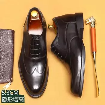 [Предпродажа Non-Spot] Douyin, хит продаж, внутренняя кожаная обувь, увеличивающая рост, мужские туфли-оксфорды из коровьей кожи первого слоя в деловом стиле с острым носком 37 чёрный