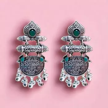 представляет комплект этнических черных длинных оксидированных серег-кольц Легкие Jhumki Jhumkas для женщин, дизайнерские серьги из серебряного и черного металла для девочек
