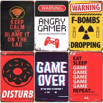 Предупреждение Angry Gamer, винтажная жестяная вывеска, постер с повторением игр, клубный домашний декор для спальни, игра для сна, забавные наклейки на стену, доска N379 20x30cm