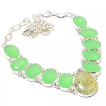 Пренит, халцедон драгоценный камень 925 стерлингового серебра ювелирные изделия ожерелье 18 E3n83 зелёный