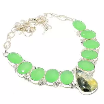 Пренит, халцедон драгоценный камень 925 стерлингового серебра ювелирное ожерелье 18 дюймов F5m79 зелёный