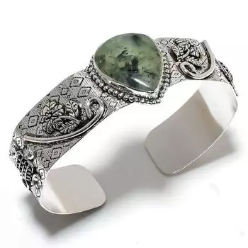 Prehnite Gemstone Handmade 925 Sterling Silver Cuff Bangle Adjustable K2L61