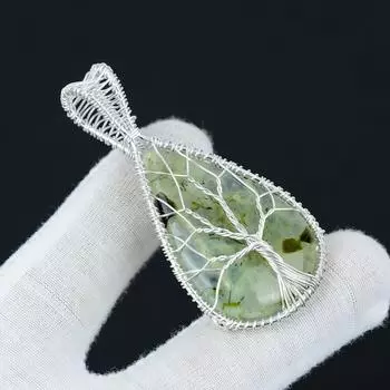Подвеска из пренита, натуральный драгоценный камень, ручная работа, серебряный кулон 925 пробы, грушевидная форма, подвеска в виде проволоки, ювелирное изделие в виде дерева жизни 2.16
