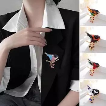 Прекрасная эмалированная брошь с птицами для мужчин и женщин, блестящие стразы, булавка в виде ветки, животное, пальто, платье, значок с лацканами, ювелирное изделие, подарок чёрный