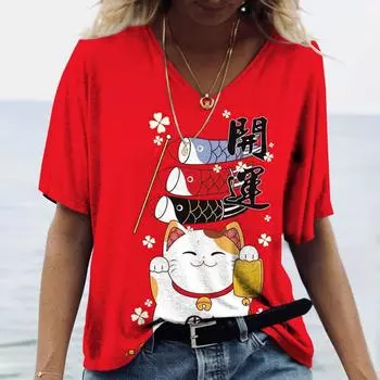 Прекрасная футболка с 3D принтом Lucky Cat, женский топ с v-образным вырезом и коротким рукавом, Harajuku, повседневные футболки в японском стиле, универсальные Y2K 8XL S