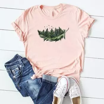 Прекрасная футболка с перьями, модная футболка, одежда 90-х годов, милый стиль, тренд, повседневная женская футболка с коротким рукавом и принтом, женская женская футболка с графикой S