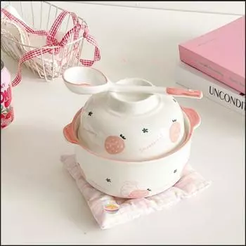 Прекрасная керамическая миска для лапши быстрого приготовления с крышкой, студенческое общежитие, противоожоговая двойная суповая миска, можно использовать в микроволновой печи, посуда