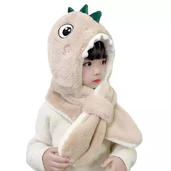 Прекрасная мультяшная теплая ветрозащитная холодостойкая шапка-пуловер с динозавром, шарф, интегрированная шапка, плюшевая шапка-ушанка, зимняя шапка, шапочка, детская шапка