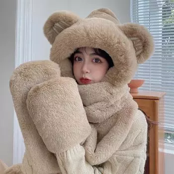 Прекрасная зимняя теплая утолщенная шапка с медвежьими ушками, плюшевый шарф, перчатки, шапки, теплые аксессуары для езды на велосипеде, повседневные простые женские шапки Skullies One Size белый