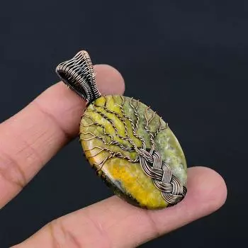 Прекрасное Древо Жизни Шмель Яшма Драгоценный Камень Чистая Медная Проволока Обертка Ювелирные Изделия Ручной Работы Подвеска 2.40 Inches жёлтый