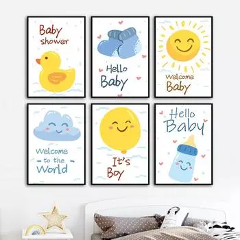 Прекрасное солнце, мультяшная утка, настенное искусство, индивидуальное имя, печать на холсте, плакаты для новорожденных, детский душ для девочек и мальчиков, украшение для дома в спальню 21cm30cm NoFrame