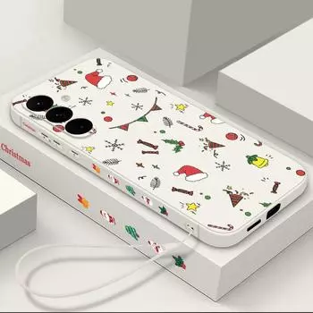 Прекрасный чехол из ТПУ с рождественским принтом для Samsung S24 S23 Ultra A55 A15 A54 A34 A35 A14, тонкий силиконовый мягкий противоударный чехол для телефона со шнурком Samsung S24 Ultra бежевый
