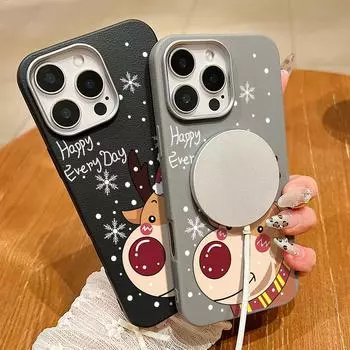 Прекрасный чехол Merry Christmas Elk Pattern TPU Soft Case для iPhone 16 Pro Max 15 Pro 14 Plus 13 12 11 для MagSafe Matte Shockproof Magnetic Phone Cover iPhone 16 чёрный