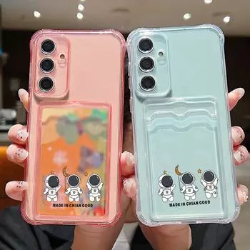 Прекрасный чехол с изображением астронавта и слотом для карт для Samsung S24 FE S23 S22 Ultra A16 A55 A35 A54 A34 A15, прозрачный противоударный мягкий силиконовый защитный чехол для телефона Samsung S24 серый
