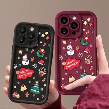 Прекрасный чехол с рисунком рождественской елки для iPhone 16 Pro 15 Pro Max 14 Plus 13 12 11, противоударный чехол из мягкого силикона TPU со снеговиком и оленем iPhone 16 чёрный