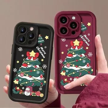 Прекрасный чехол с рисунком рождественской елки для iPhone 16 Plus 15 Pro Max 14 Pro 13 12 11 XR XS 8 7 из мягкого ТПУ противоударного матового защитного покрытия для линз iPhone 16 чёрный