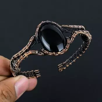 Прекрасный черный оникс, драгоценный камень, медная проволока ручной работы, регулируемый браслет для нее Adjustable чёрный