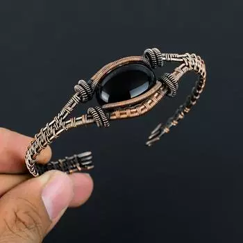 Прекрасный черный оникс, драгоценный камень, медная проволока ручной работы, ювелирные изделия, регулируемые манжеты Adjustable чёрный