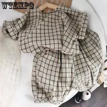 Прекрасный детский костюм в клетку из хлопка и льна, летняя свободная рубашка с короткими рукавами для мальчиков и девочек, шорты, комплект из двух предметов 100