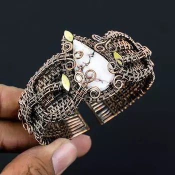 Прекрасный говлитовый драгоценный камень ручной работы из медной проволоки, регулируемый браслет для нее Adjustable белый