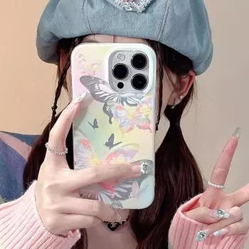 Прекрасный градиент цвета серебряный чехол с бабочкой для iPhone 11 12 13 14 15 Pro Max модный противоударный силиконовый бампер IMD Funda For iPhone 11