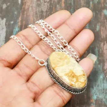 Прекрасный ископаемый коралловый драгоценный камень, ювелирные изделия ручной работы, ожерелье из стерлингового серебра 925 пробы 19 Inches жёлтый