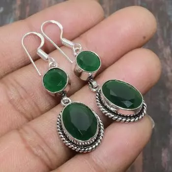 Прекрасный Изумруд(Смоделированный) Ювелирные серьги ручной работы из стерлингового серебра 925 пробы с драгоценными камнями 1.97 Inches зелёный