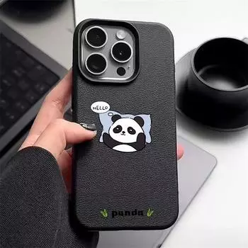 Прекрасный матовый тонкий чехол для телефона с рисунком Hello Panda для iPhone 16 Pro Max 15 Pro 14 13 12 11, кожаная текстура, противоударный мягкий бампер из ТПУ iPhone 16 чёрный