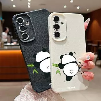 Прекрасный матовый тонкий чехол из ТПУ с принтом панды для Samsung S25 Ultra S24 FE S23 S22 A16 A15 A56 A55 A36 A35 A34 кожаная текстура противоударный мягкий чехол для телефона Samsung S25 чёрный