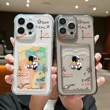 Прекрасный прозрачный мягкий силиконовый чехол с принтом астронавта для iPhone 16 Pro 15 Pro Max 14 13 12 11, противоударный прозрачный тонкий чехол для телефона с отделением для карт iPhone 16 серый