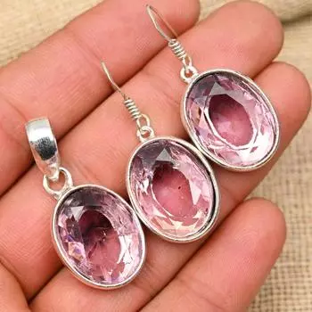 Прекрасный розовый кунцит, драгоценный камень, подвеска и серьги из стерлингового серебра 925 пробы, комплект ювелирных изделий для женщин