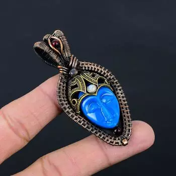 Прекрасный синий резной кулон из кости и лунного камня, драгоценный камень, чистая медная проволока, ювелирный кулон ручной работы 2.76 Inches синий