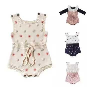 Прекрасный вязаный комбинезон из шерстяной пряжи с помпоном для маленьких девочек, боди 6-12M абрикосовый