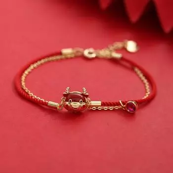 Прекрасный женский браслет из красного серебра 925 пробы с золотым цирконием и красной нитью