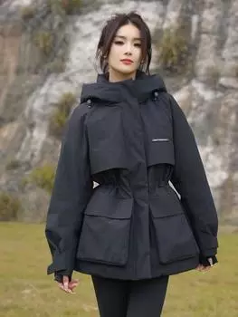 Премиальная хлопковая одежда с капюшоном на талии женская 2025 зима новая кофейного цвета тонкая утепленная средней длины куртка прилив M чёрный