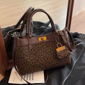 Премиальная контрастная цветная сумка с леопардовым принтом, повседневная большая вместительная переносная сумка-корзина для овощей, универсальная переносная сумка-ведро коричневый