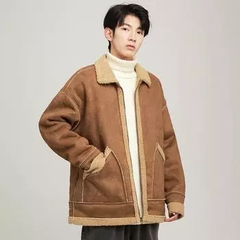 Премиальная повседневная универсальная куртка из овечьей шерсти, мужская куртка с утолщенным мехом и интегрированными лацканами для осени и зимы, замшевая куртка с хлопковой подкладкой M чёрный