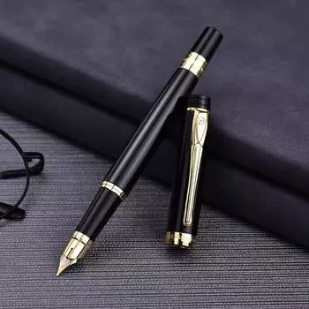 Премиальная, прочная металлическая перьевая ручка с тонким пером 0,5 мм и колпачком на защелке - Совместима с чернильными флаконами 3,4 мм чёрный