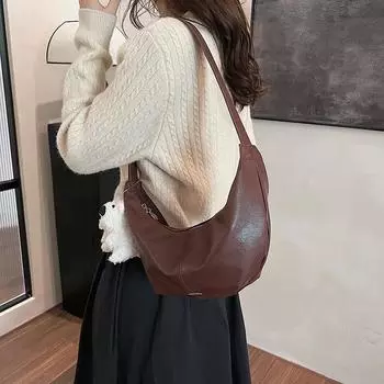 Премиальная ретро сумка-мессенджер большой вместимости женская 2024 новая простая сумка-пельмень повседневная сумка через плечо для поездок на работу кофейный