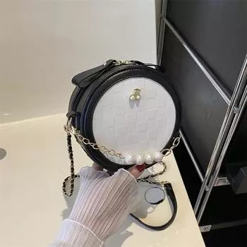 Премиальная текстура, модная супер огненная клетчатая сумка через плечо 2024 года, новая повседневная простая цепочка с бусинами, маленькая круглая сумка-мессенджер белый