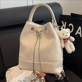 Премиальная текстура студенческого стиля сумка-ведро через плечо женская большая вместимость насосный пояс повседневный простой рюкзак серебряный