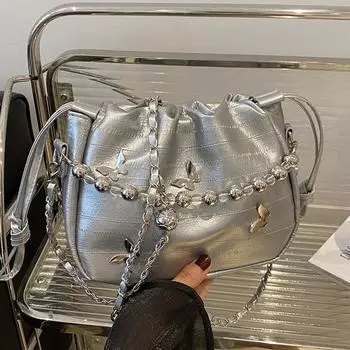 Премиальная Текстурная Сумка Женская Летняя Сумка-ведро через Плечо Женская Универсальная Сумка-мессенджер в иностранном стиле для мобильного телефона серебряный