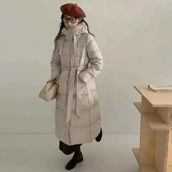 Премиальная утепленная длинная женская куртка-пуховик 2024 года с утолщенной планкой и тремя пуговицами выше колена, белая куртка на талии из утиного пуха M