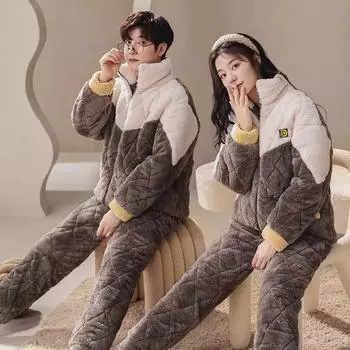 Премиальная зимняя стеганая пижама для пары из кораллового флиса: Женская теплая вельветовая одежда для дома из плотного материала и мужская теплая трехслойная одежда для дома XXL